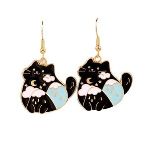 Black Cat Cartoon Kitty Moon Design Dangling Hook Earrings
